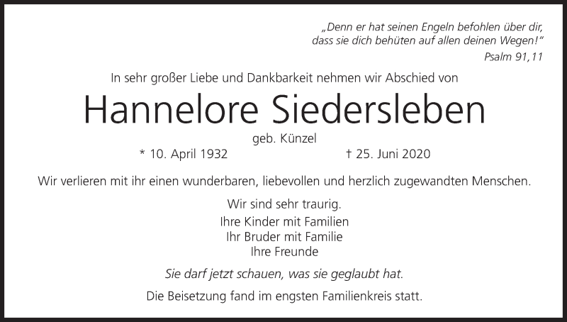  Traueranzeige für Hannelore Siedersleben vom 08.07.2020 aus MGO