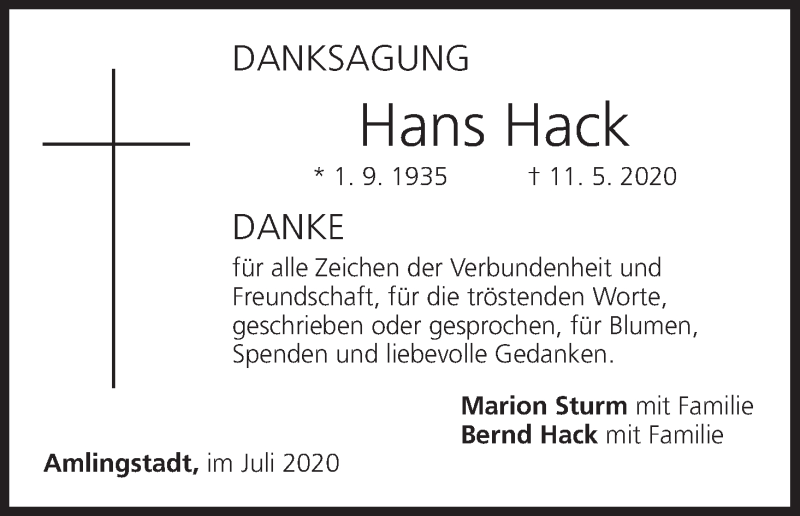  Traueranzeige für Hans Hack vom 04.07.2020 aus MGO