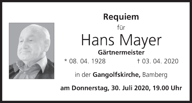  Traueranzeige für Hans Mayer vom 25.07.2020 aus MGO