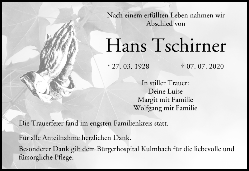  Traueranzeige für Hans Tschirner vom 18.07.2020 aus MGO
