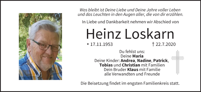  Traueranzeige für Heinz Loskarn vom 25.07.2020 aus MGO