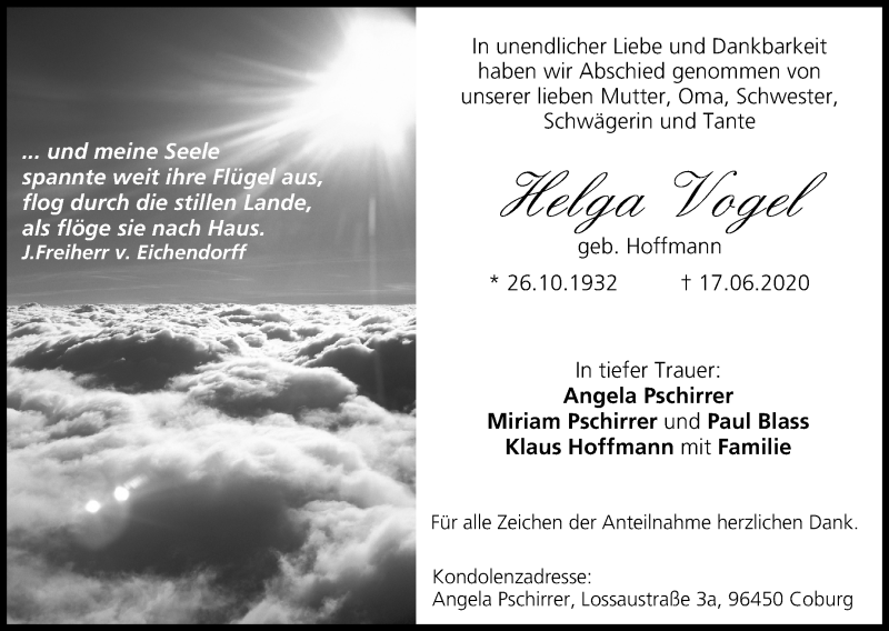  Traueranzeige für Helga Vogel vom 11.07.2020 aus MGO