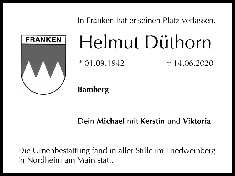  Traueranzeige für Helmut Düthorn vom 04.07.2020 aus MGO