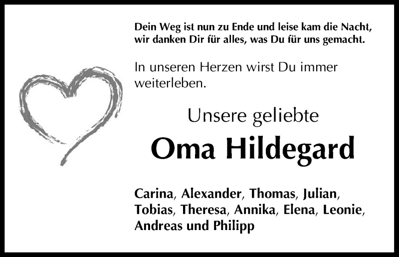  Traueranzeige für Hildegard Hübner vom 09.07.2020 aus MGO