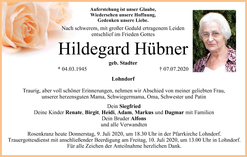  Traueranzeige für Hildegard Hübner vom 09.07.2020 aus MGO