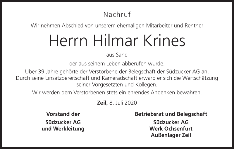  Traueranzeige für Hilmar Krines vom 09.07.2020 aus MGO