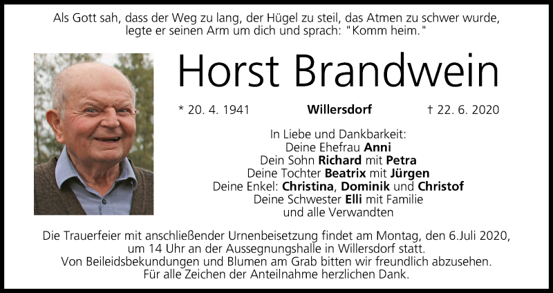  Traueranzeige für Horst Brandwein vom 04.07.2020 aus MGO