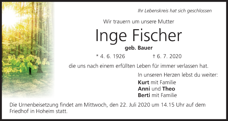  Traueranzeige für Inge Fischer vom 18.07.2020 aus MGO