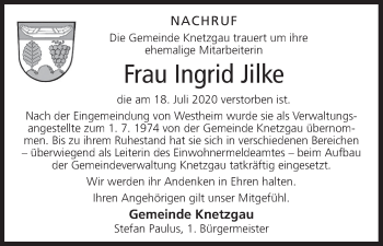 Anzeige von Ingrid Jilke von MGO