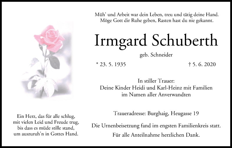  Traueranzeige für Irmgard Schuberth vom 09.07.2020 aus MGO
