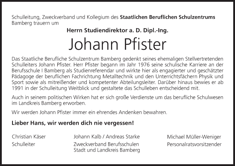  Traueranzeige für Johann Pfister vom 29.07.2020 aus MGO