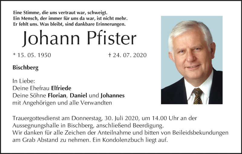  Traueranzeige für Johann Pfister vom 28.07.2020 aus MGO