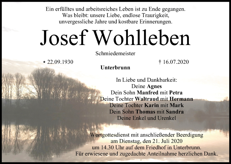  Traueranzeige für Josef Wohlleben vom 18.07.2020 aus MGO