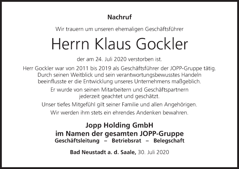  Traueranzeige für Klaus Gockler vom 30.07.2020 aus MGO
