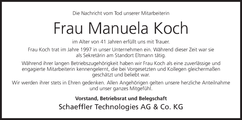  Traueranzeige für Manuela Koch vom 17.07.2020 aus MGO