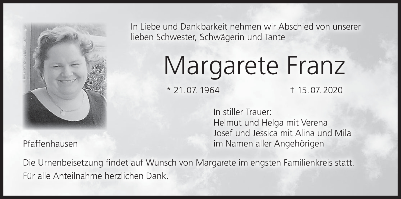  Traueranzeige für Margarete Franz vom 27.07.2020 aus MGO