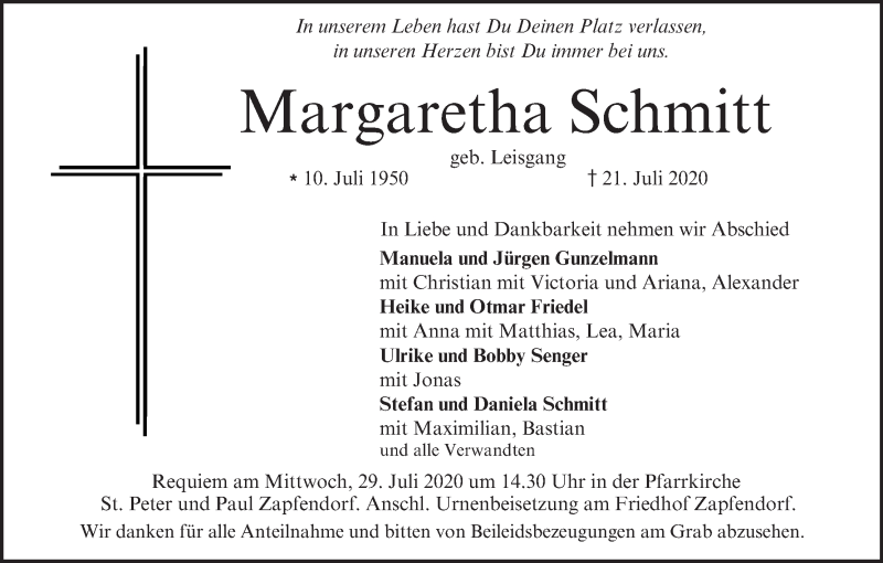 Traueranzeige für Margaretha Schmitt vom 25.07.2020 aus MGO