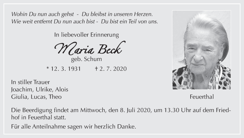  Traueranzeige für Maria Beck vom 07.07.2020 aus MGO