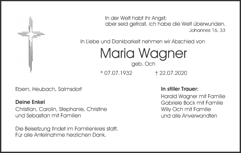  Traueranzeige für Maria Wagner vom 29.07.2020 aus MGO