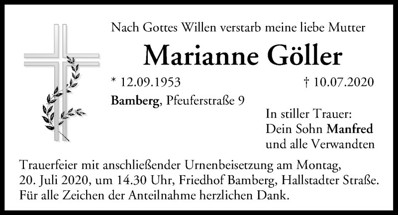  Traueranzeige für Marianne Göller vom 15.07.2020 aus MGO