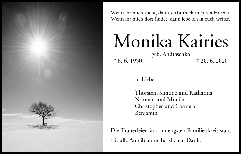  Traueranzeige für Monika Kairies vom 01.07.2020 aus MGO