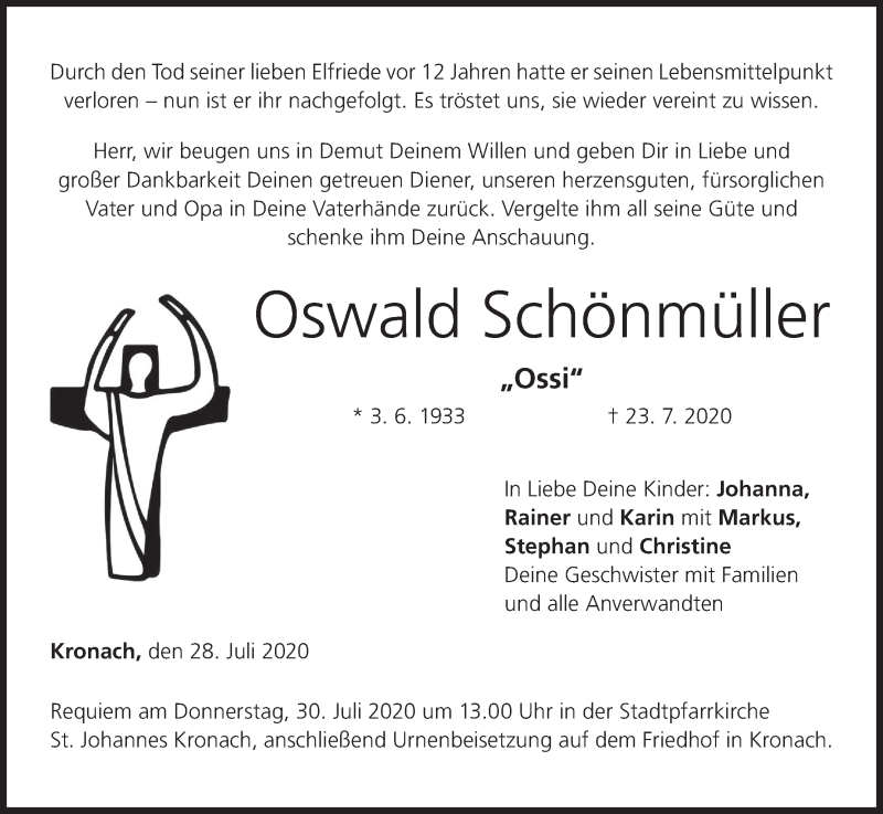  Traueranzeige für Oswald Schönmüller vom 28.07.2020 aus MGO