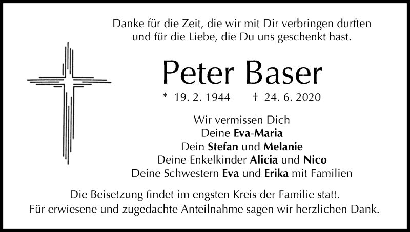  Traueranzeige für Peter Baser vom 04.07.2020 aus MGO