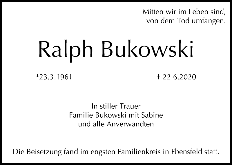  Traueranzeige für Ralph Bukowski vom 11.07.2020 aus MGO