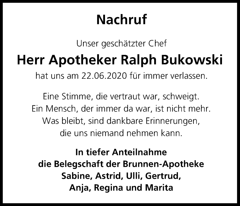  Traueranzeige für Ralph Bukowski vom 14.07.2020 aus MGO