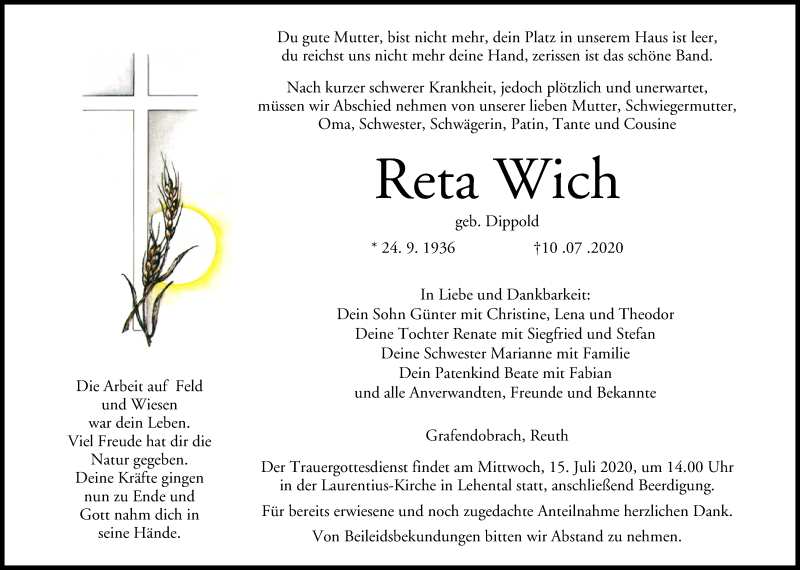  Traueranzeige für Reta Wich vom 14.07.2020 aus MGO