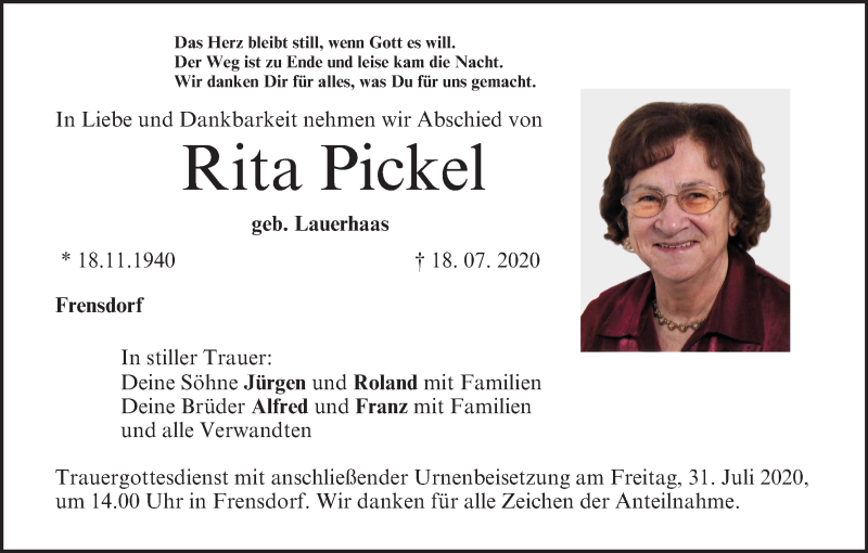  Traueranzeige für Rita Pickel vom 25.07.2020 aus MGO