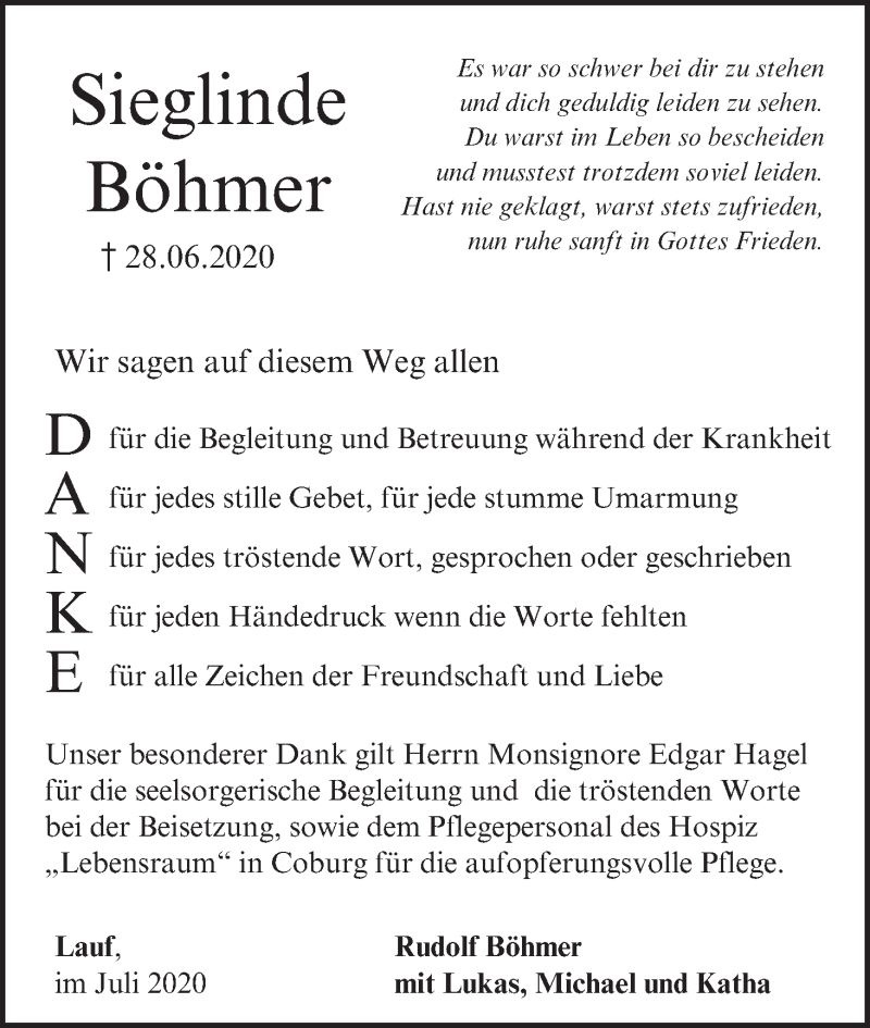  Traueranzeige für Sieglinde  Böhmer vom 25.07.2020 aus MGO
