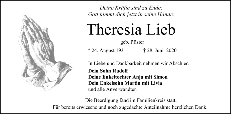  Traueranzeige für Theresia Lieb vom 04.07.2020 aus MGO