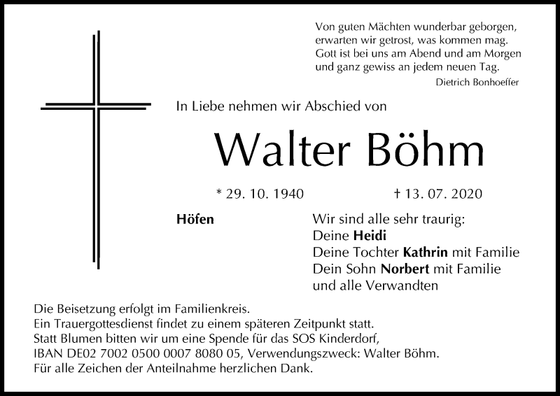  Traueranzeige für Walter Böhm vom 17.07.2020 aus MGO