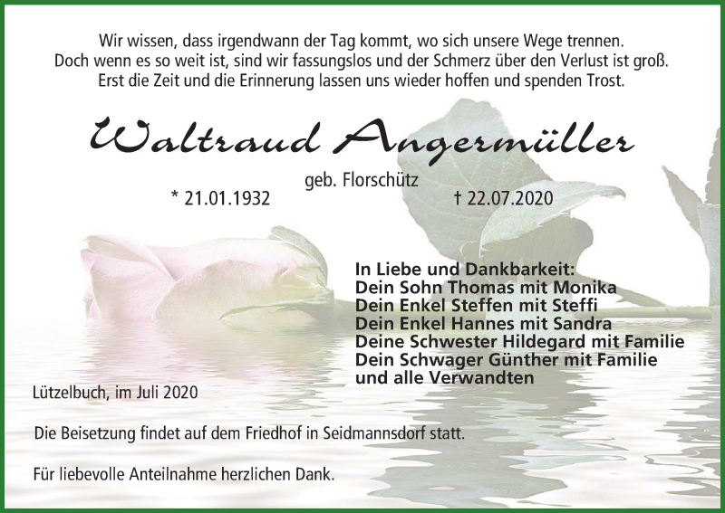  Traueranzeige für Waltraud Angermüller vom 29.07.2020 aus MGO