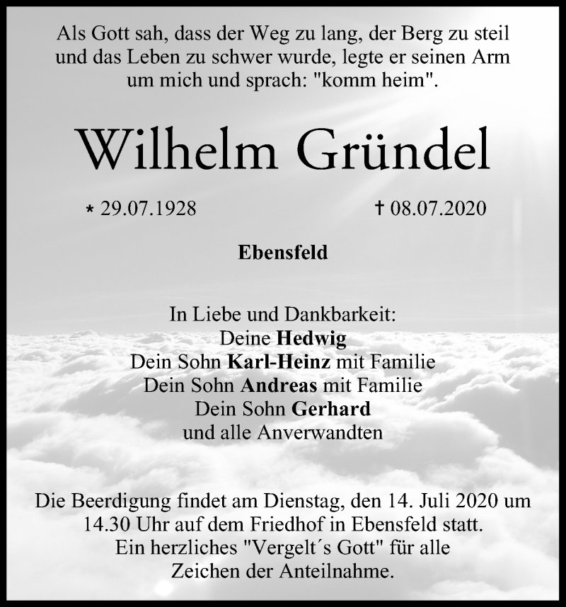  Traueranzeige für Wilhelm Gründel vom 11.07.2020 aus MGO