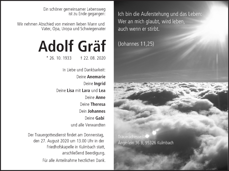  Traueranzeige für Adolf Gräf vom 26.08.2020 aus MGO
