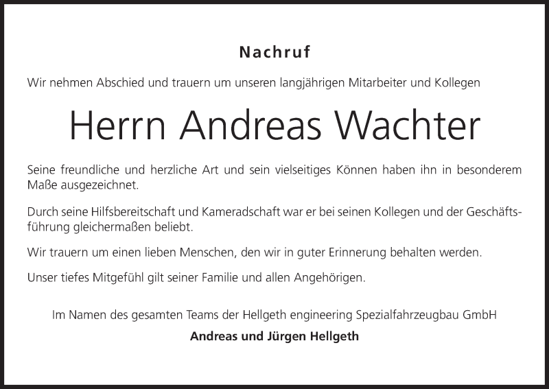  Traueranzeige für Andreas Wachter vom 19.08.2020 aus MGO