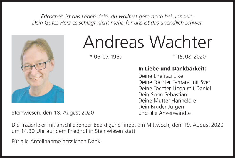  Traueranzeige für Andreas Wachter vom 18.08.2020 aus MGO