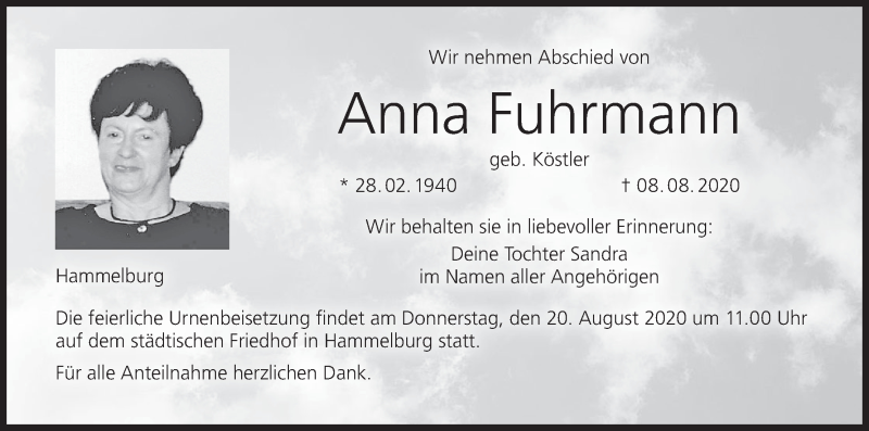  Traueranzeige für Anna Fuhrmann vom 14.08.2020 aus MGO