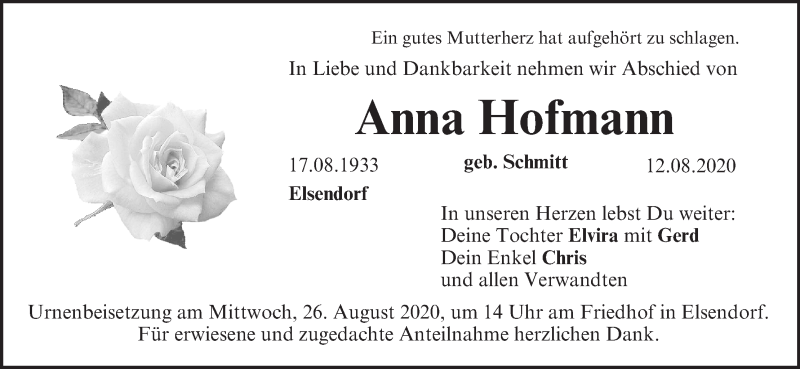  Traueranzeige für Anna Hofmann vom 22.08.2020 aus MGO