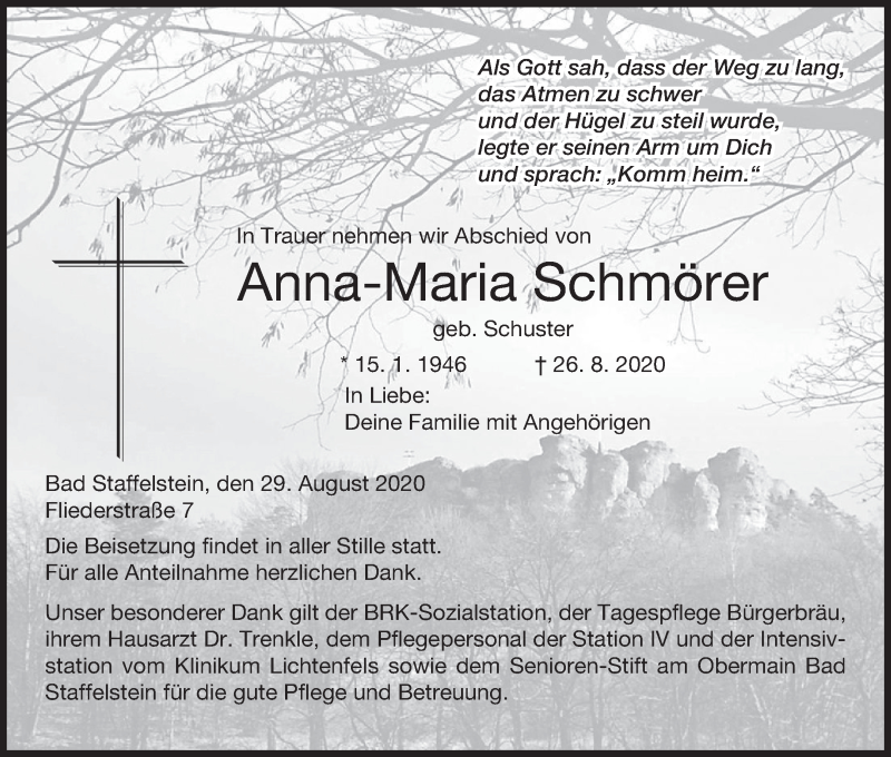  Traueranzeige für Anna-Maria Schmörer vom 29.08.2020 aus MGO