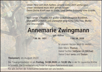 Anzeige von Annemarie Zwingmann von MGO