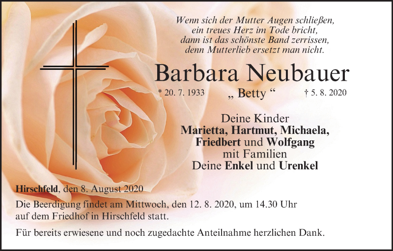  Traueranzeige für Barbara Neubauer vom 08.08.2020 aus MGO