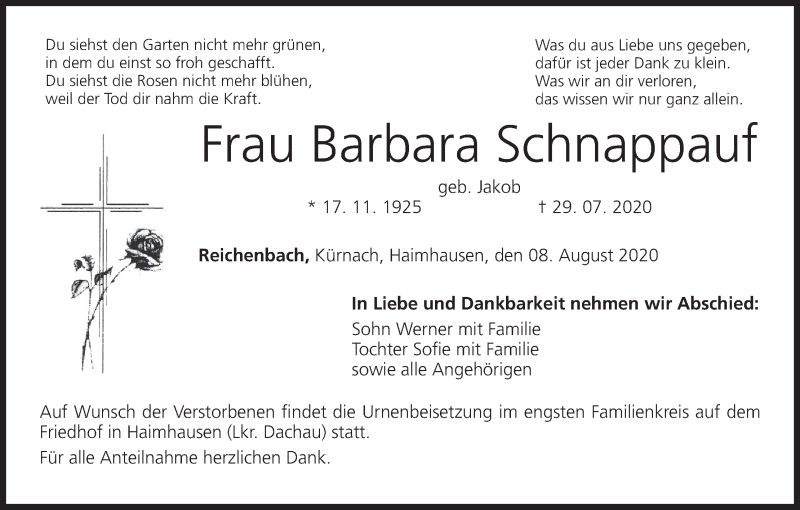  Traueranzeige für Barbara Schnappauf vom 08.08.2020 aus MGO