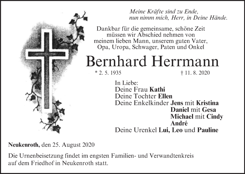  Traueranzeige für Bernhard Herrmann vom 25.08.2020 aus MGO