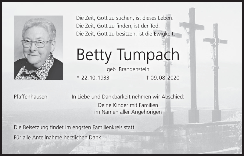  Traueranzeige für Betty Tumpach vom 14.08.2020 aus MGO