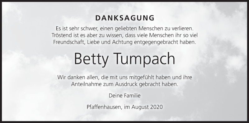  Traueranzeige für Betty Tumpach vom 29.08.2020 aus MGO