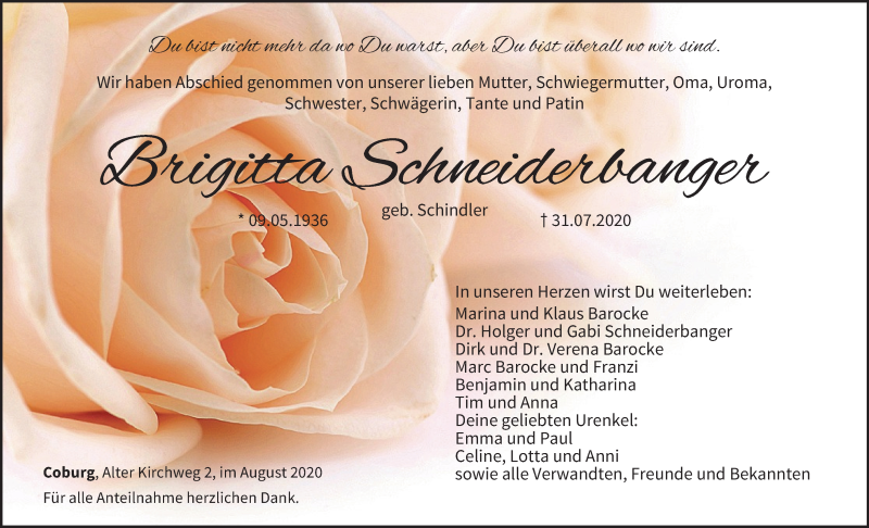  Traueranzeige für Brigitta Schneiderbanger vom 08.08.2020 aus MGO