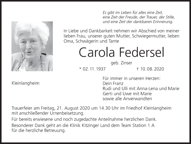  Traueranzeige für Carola Federsel vom 14.08.2020 aus MGO